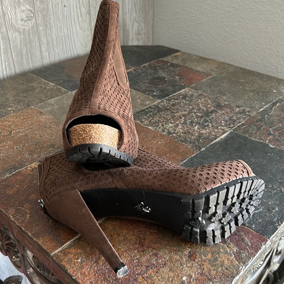 Soft brown booties with an open toe, 3”heel.  Worn once - Picture 3 of 6